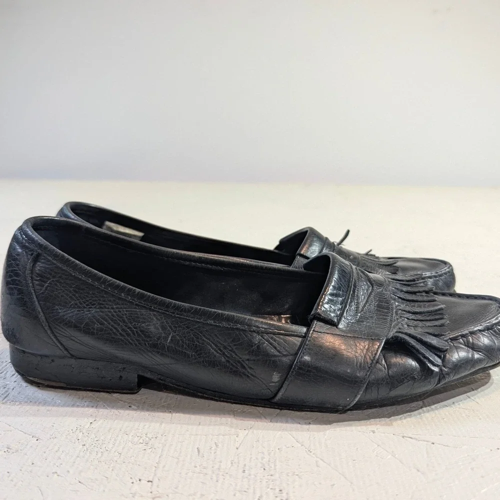 Cole Haan Men Black Leather Fringe Loafers Slip On Made in Italy Size 10M‎ READ